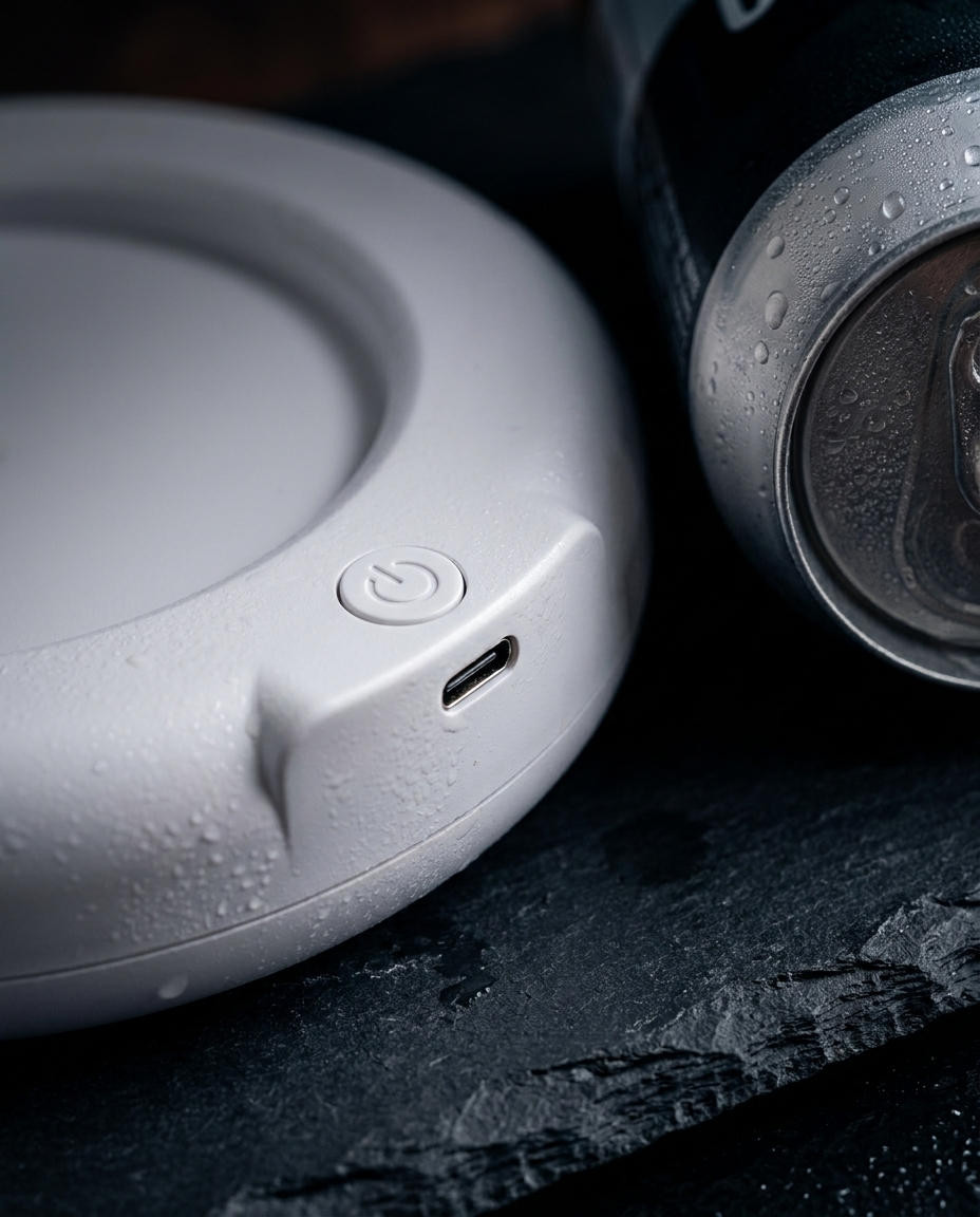 Macro detail of the beer frother button and USB-C port