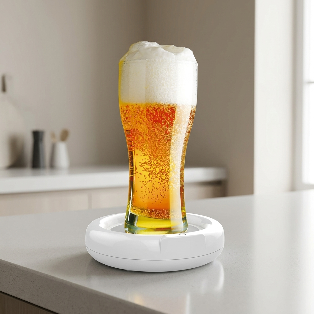 Glass of beer with a thick foam head standing on the ultrasonic frother base