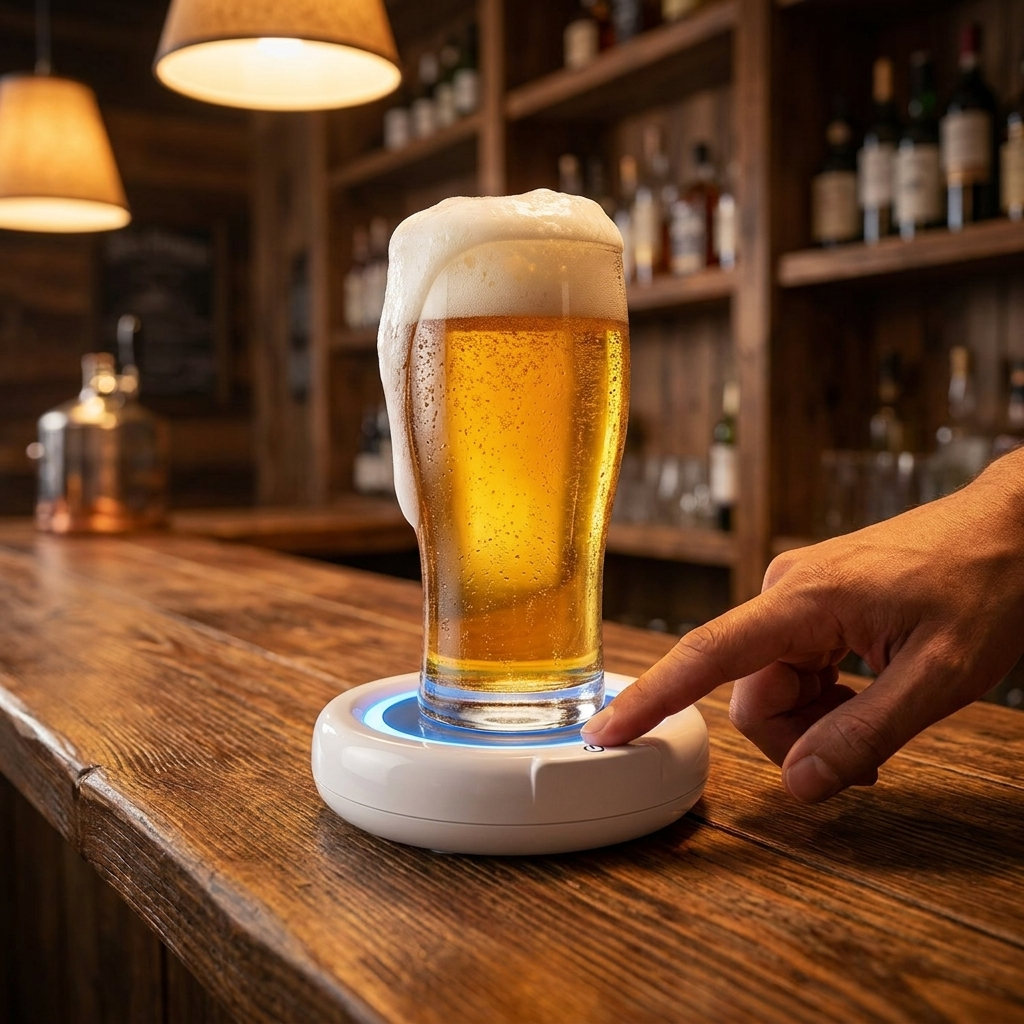 Hand pressing the button on the frother base with a beer glass on top