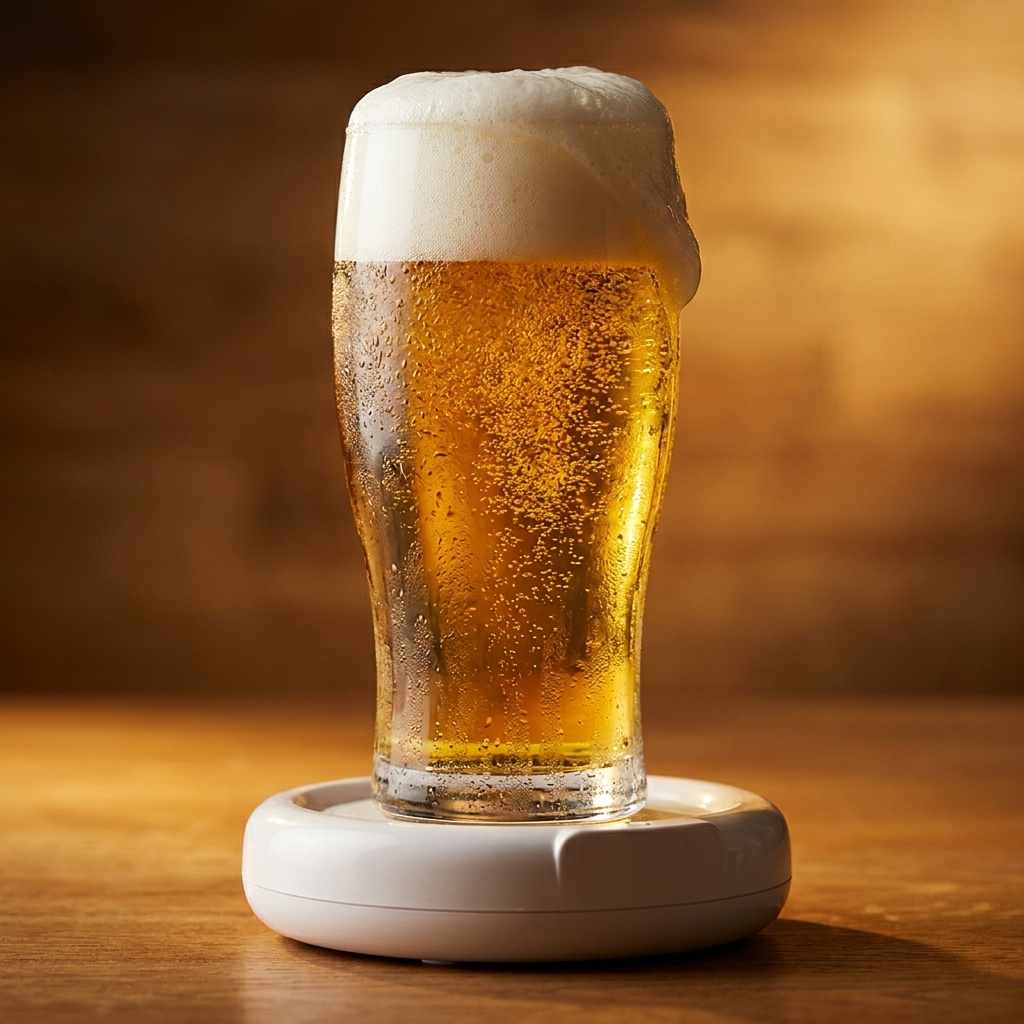 Close up of a thick velvety foam head forming on a beer glass on the base