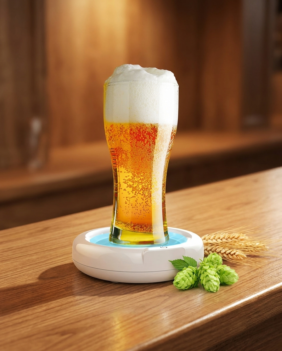 Beer glass with foam on the frother base on a wooden bar counter with hops