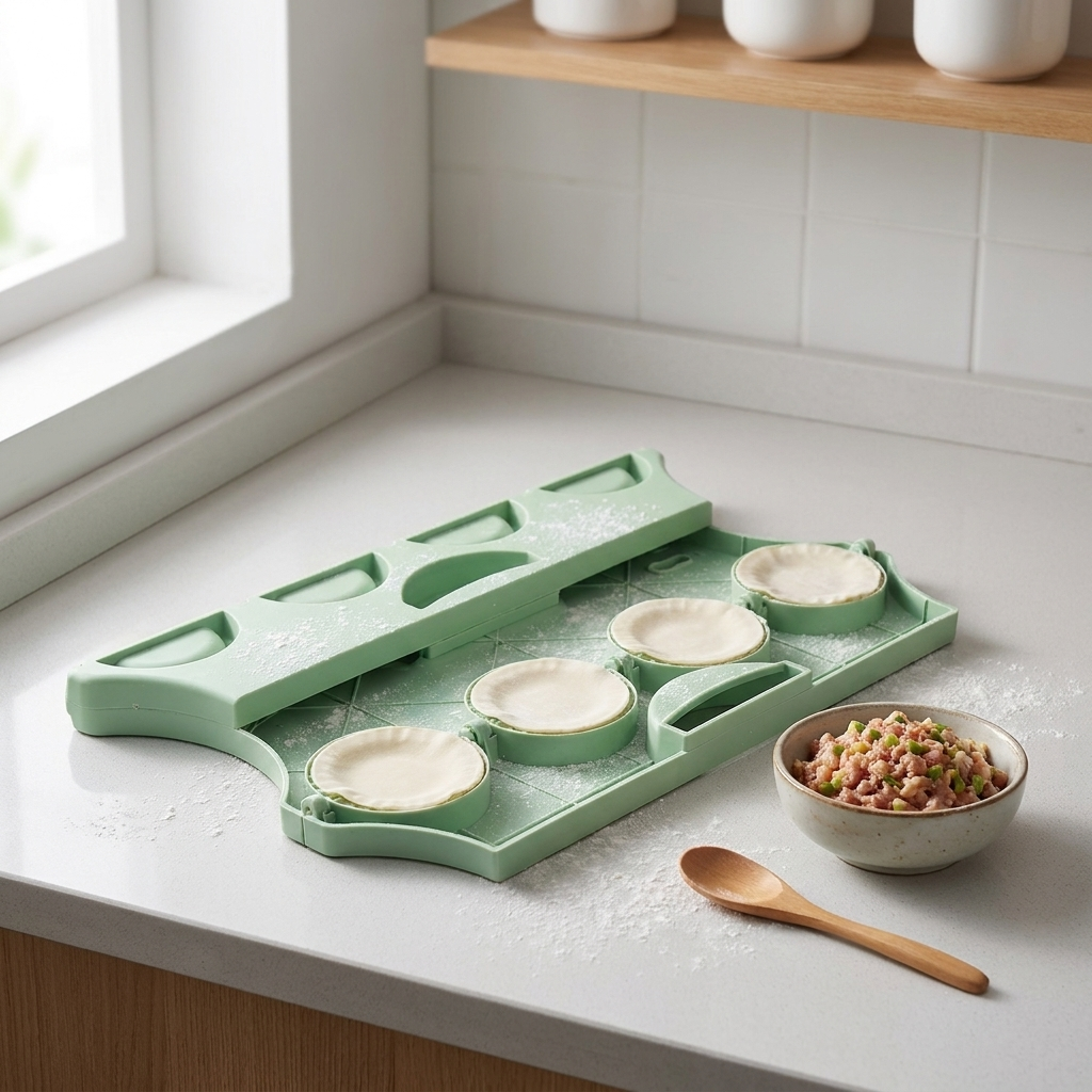 Dumpling press with wrappers laid in the molds and a bowl of filling