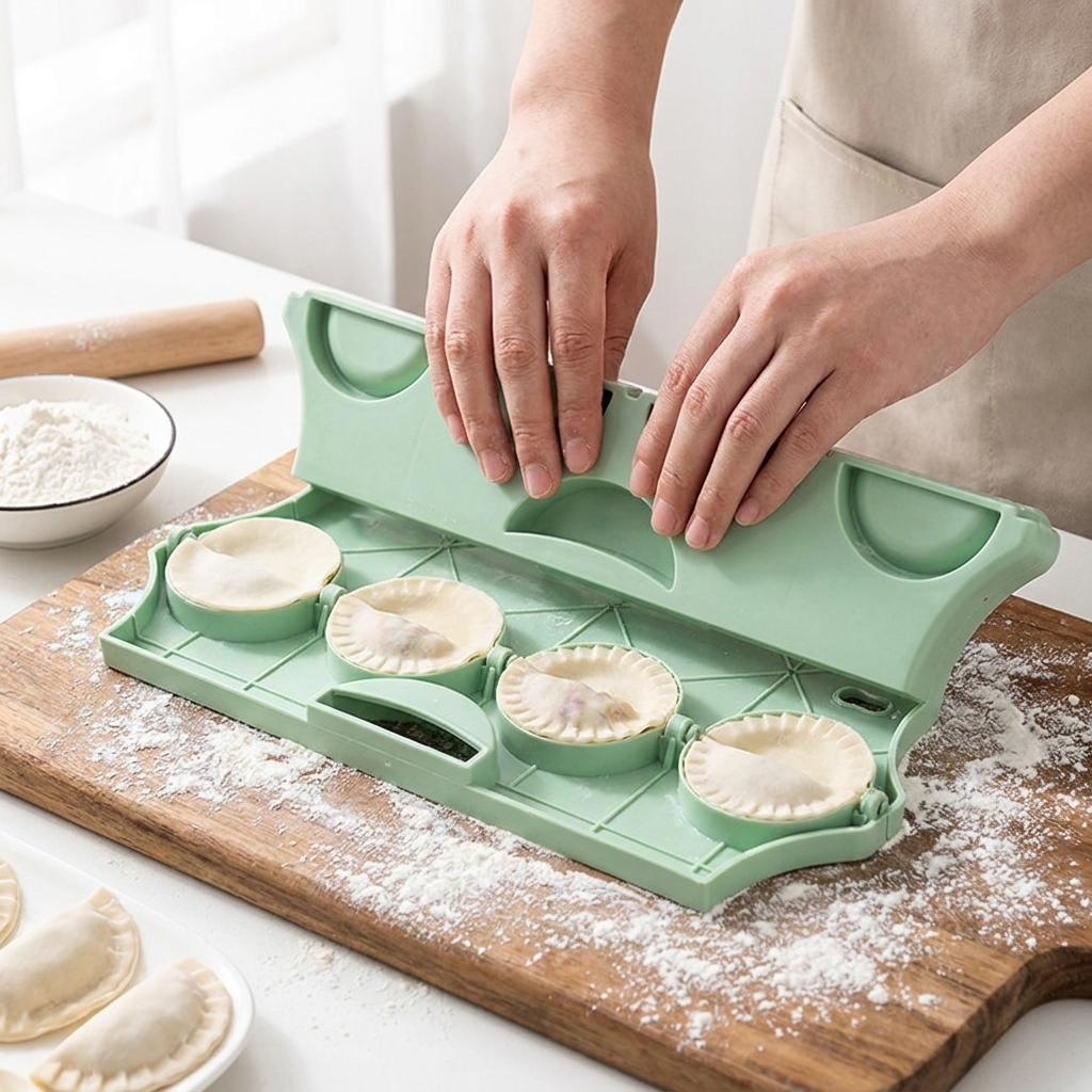Hands folding the dumpling press to seal several dumplings at once