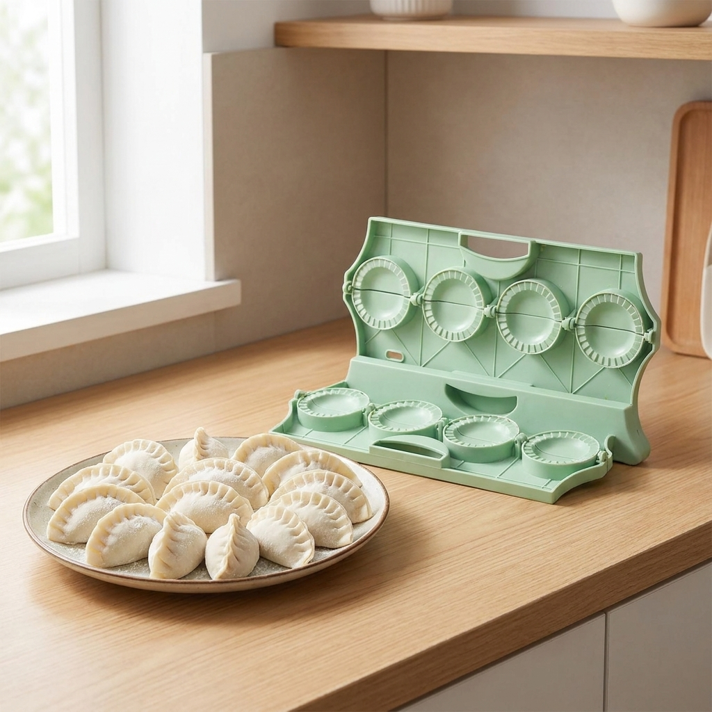 Plate of neatly crimped dumplings beside the dumpling press