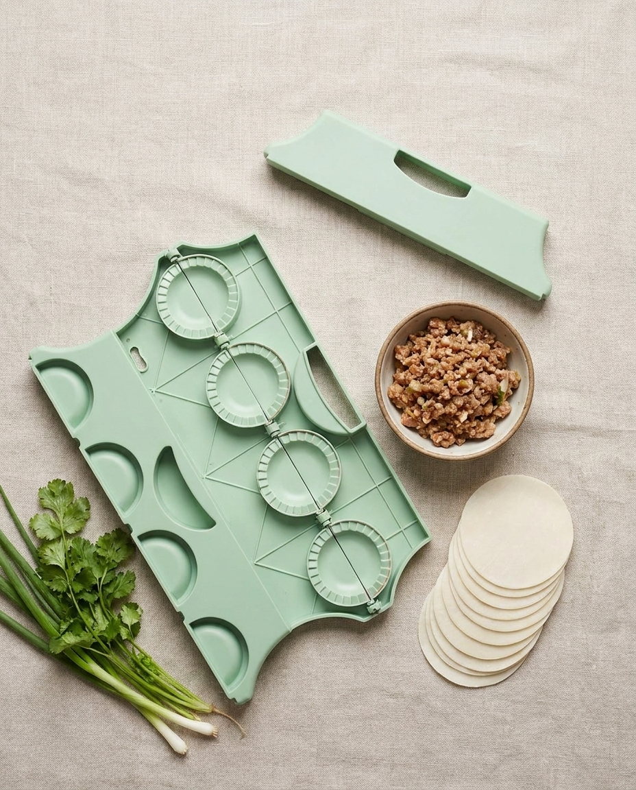 Flat lay of the dumpling press with filling, wrappers and herbs