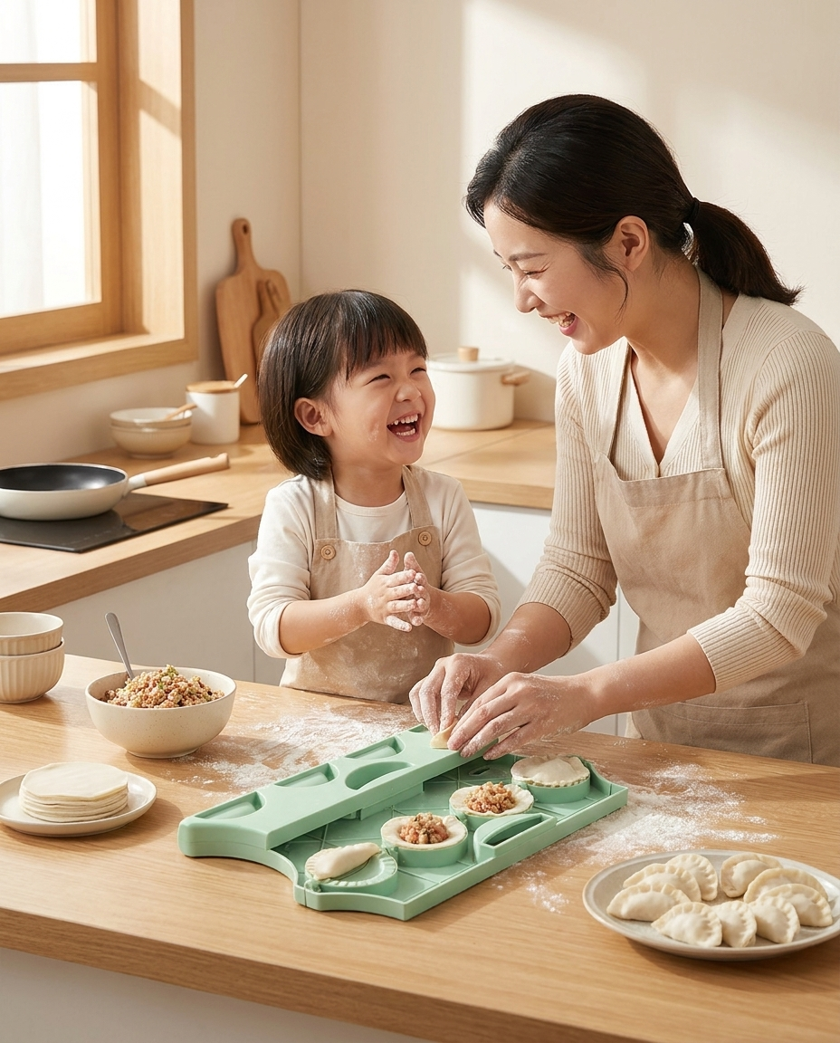 Parent and child making dumplings together with the dumpling press
