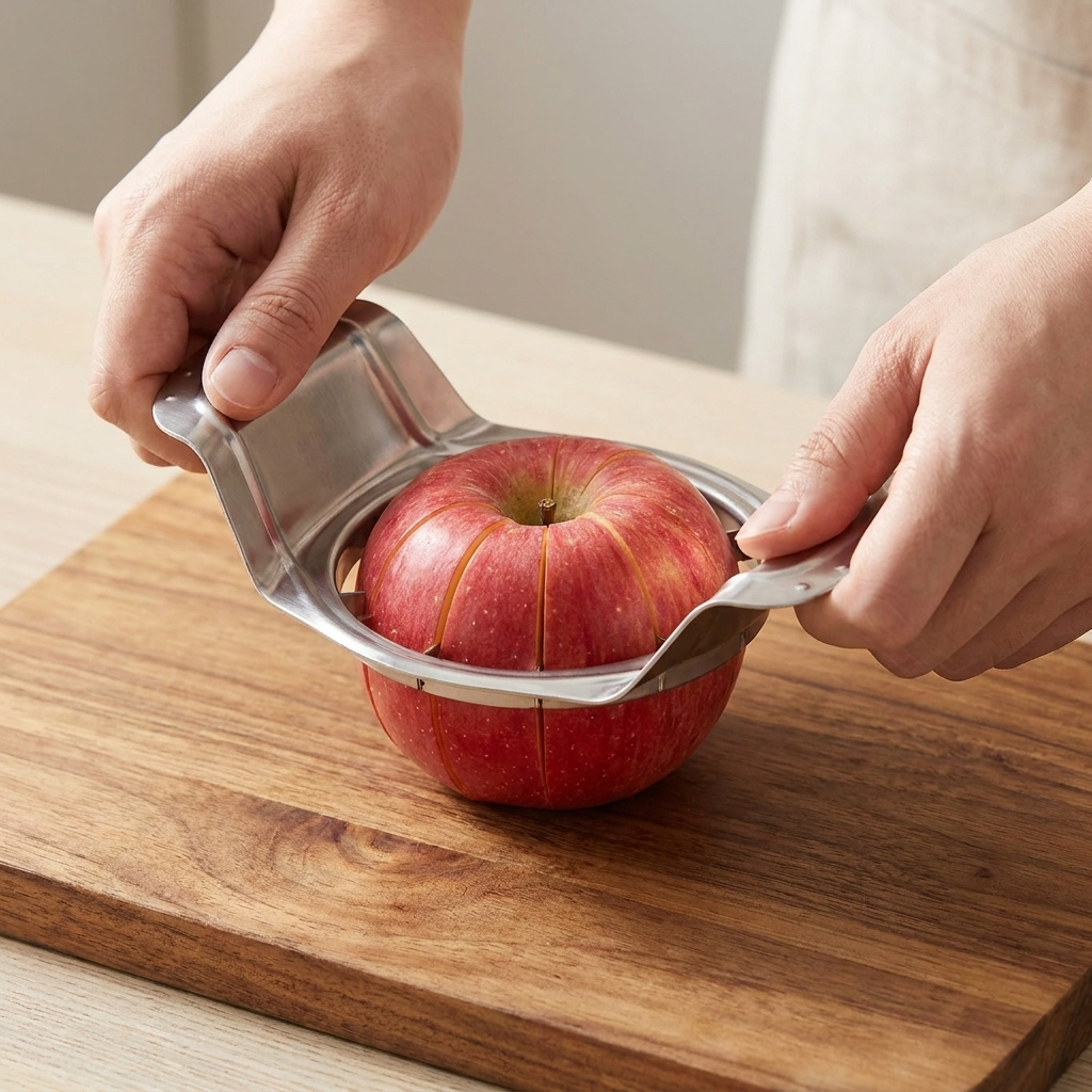 Hands pressing the apple corer down onto a red apple on a cutting board