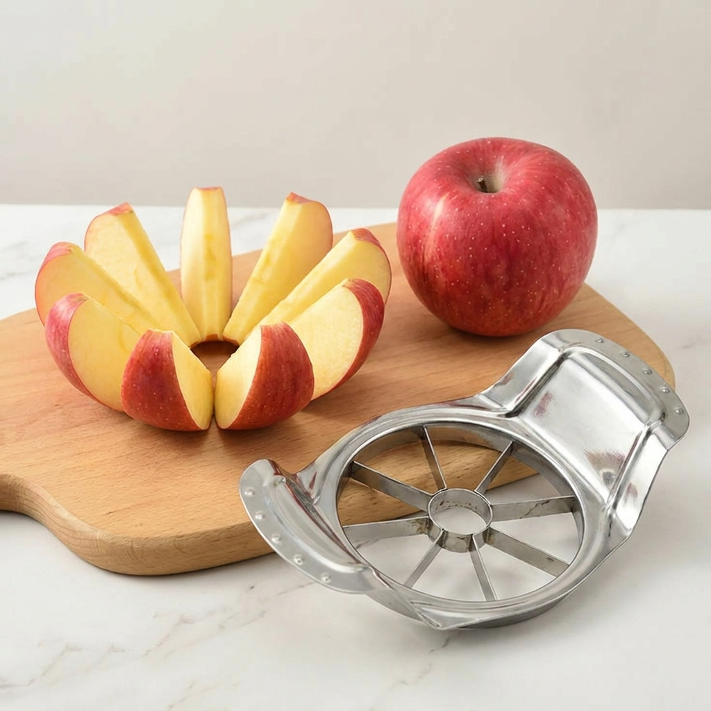 Apple cut into 8 even wedges with core removed beside the corer