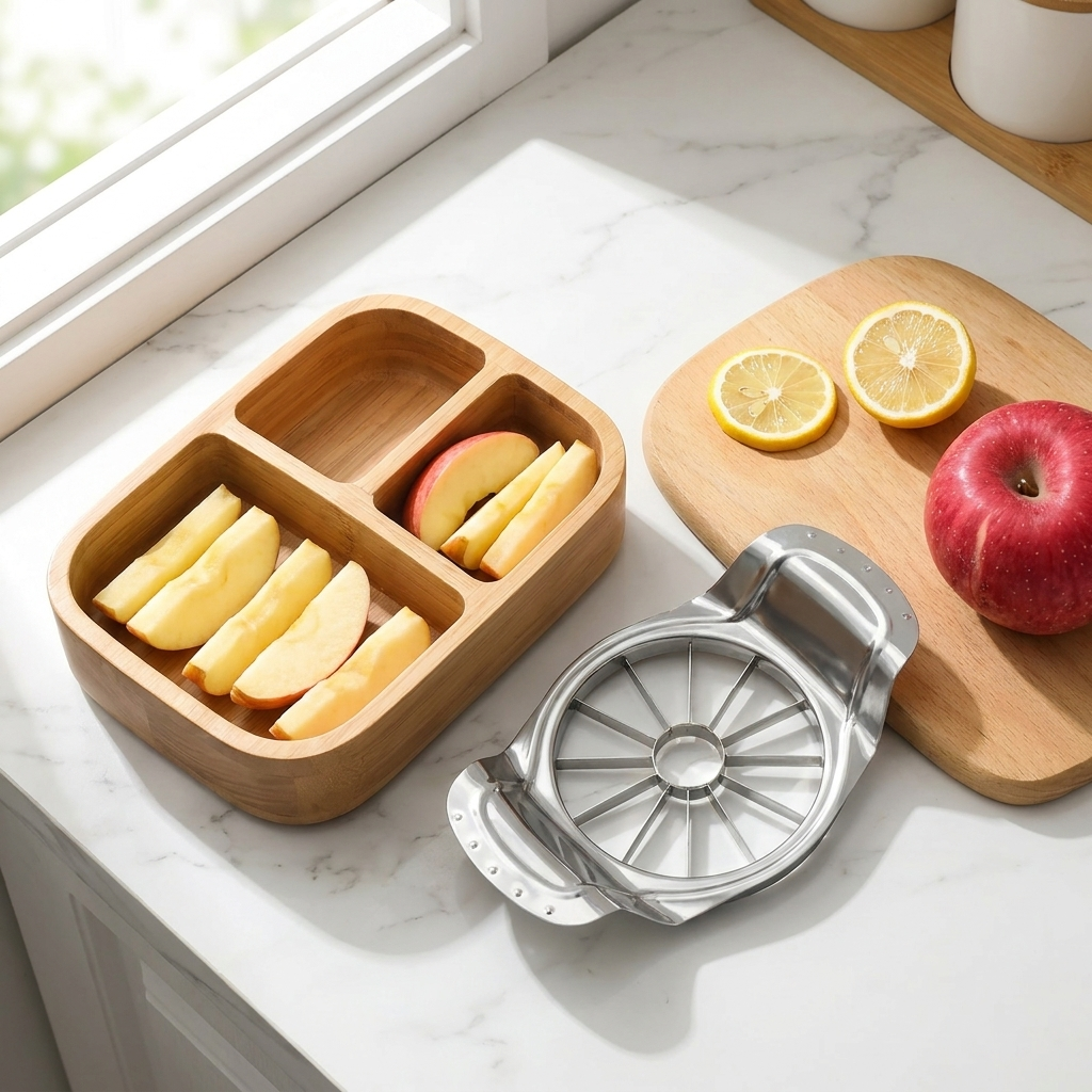 Apple wedges packed in a kids lunchbox with the corer nearby