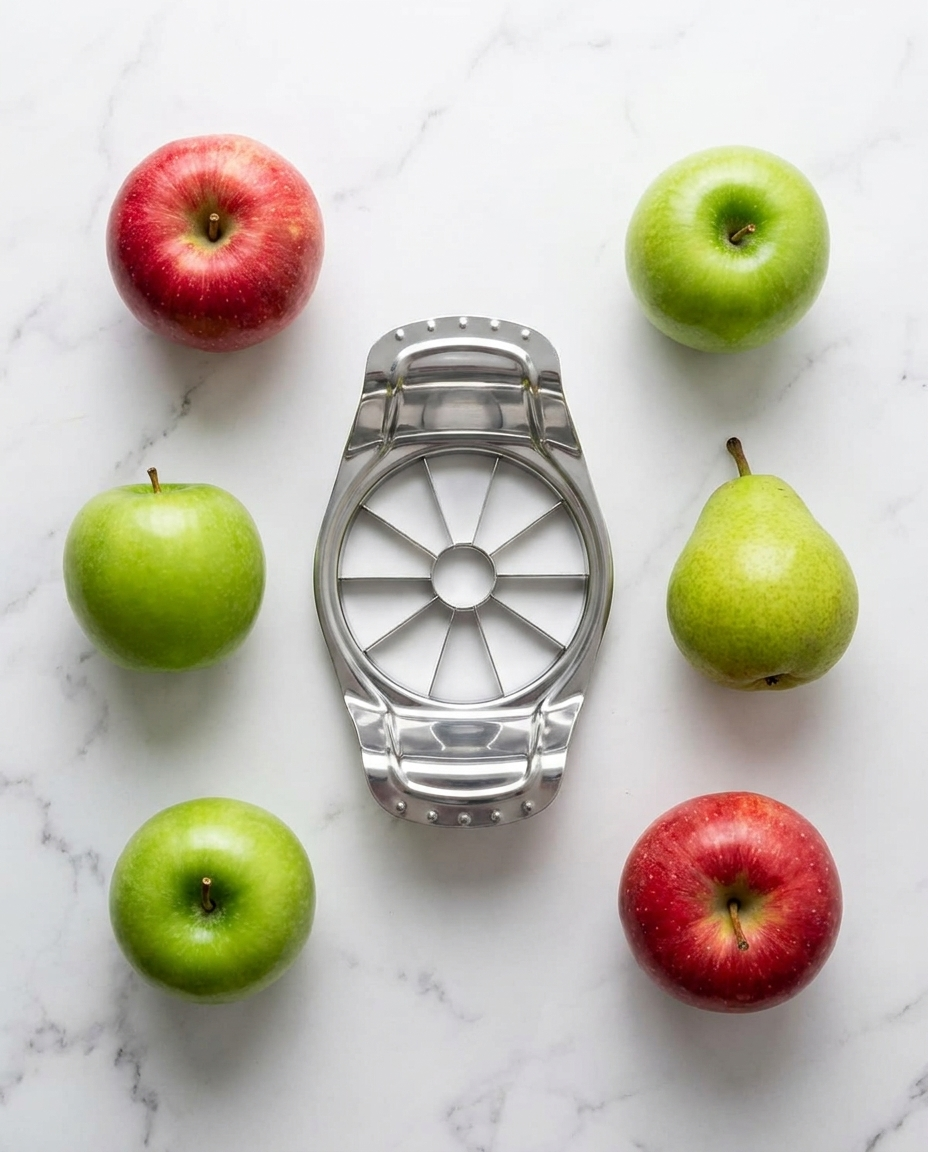 Flat lay of the apple corer with fresh apples and a pear