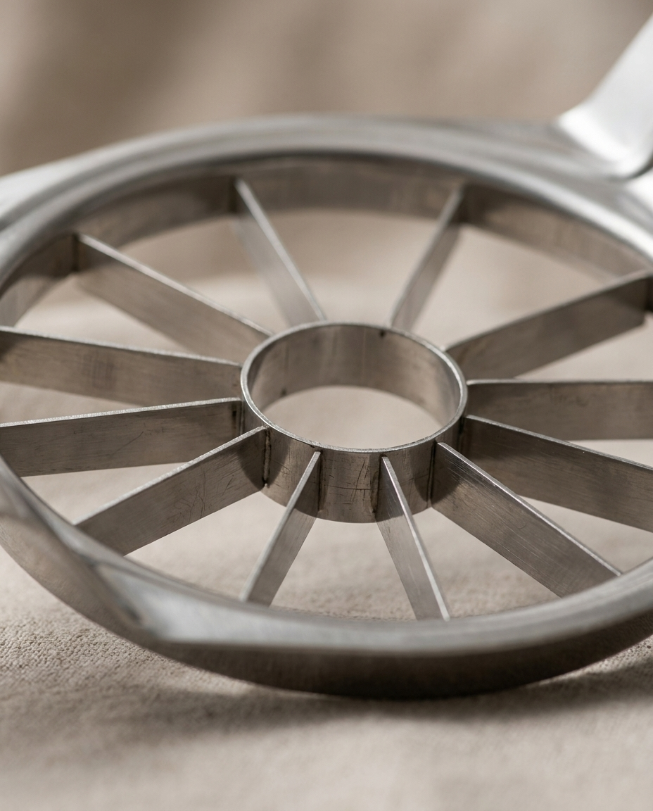 Macro detail of the apple corer stainless steel blades and core ring