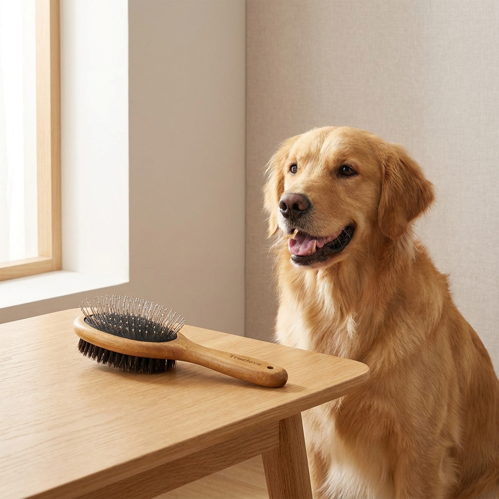 Bamboo pet grooming brush on a wood table beside a happy golden retriever