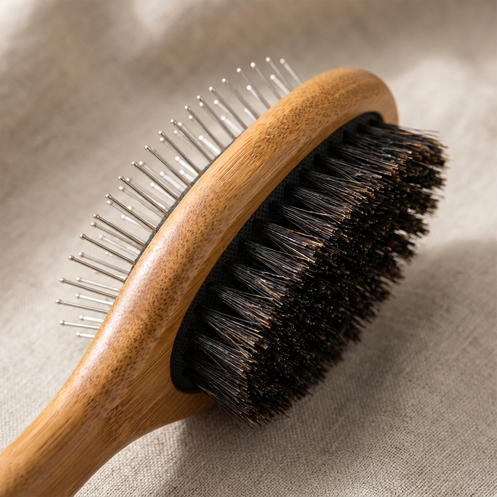 Close-up of the soft bristle side and stainless steel pin side of the grooming brush