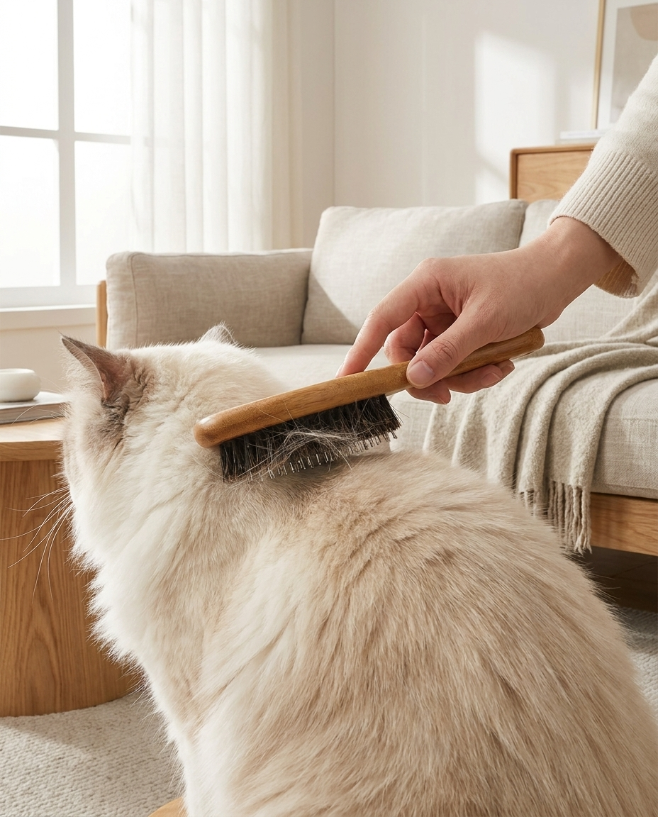 Hand grooming a fluffy cat with the double-sided bamboo brush