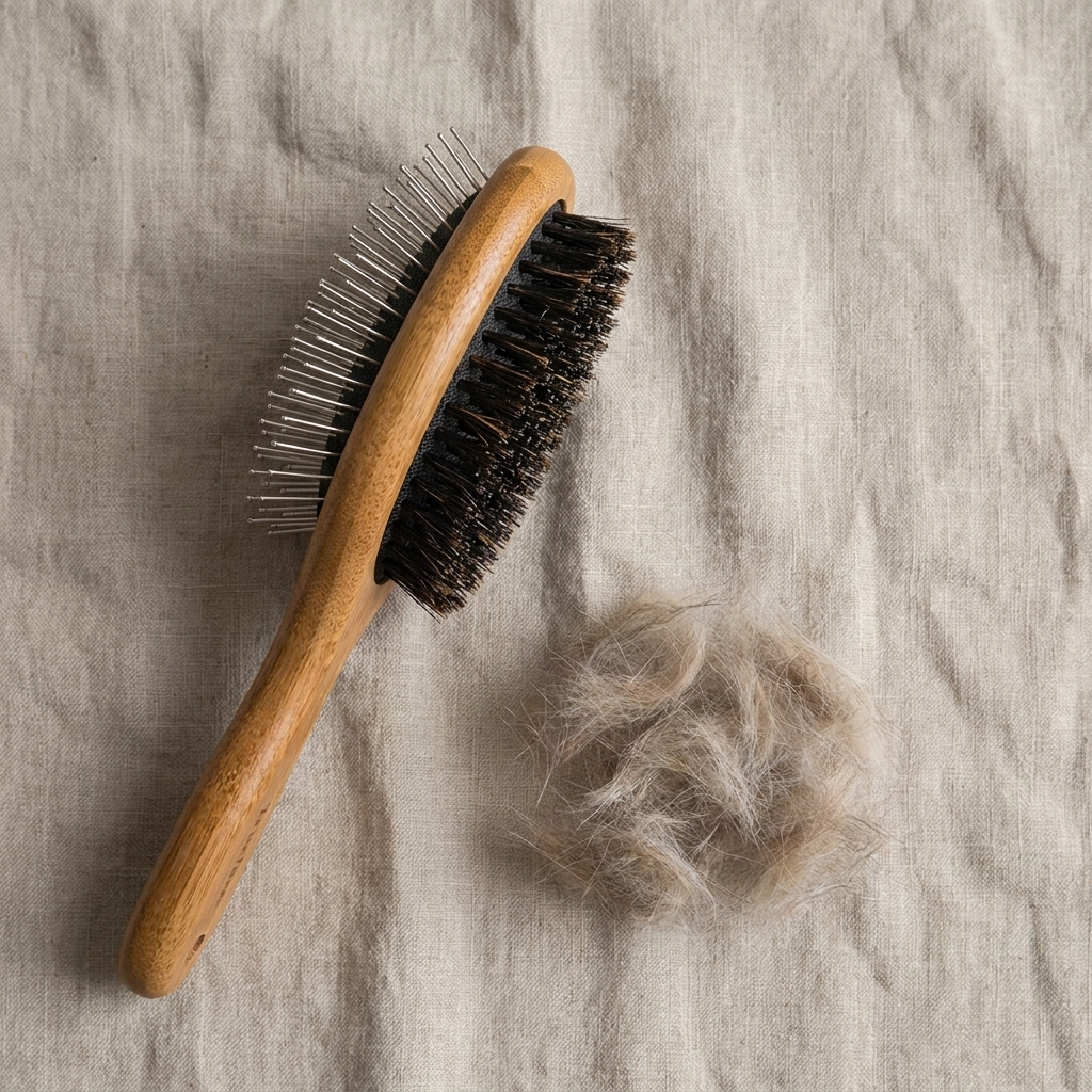 Flat lay of the bamboo grooming brush with removed pet fur on linen