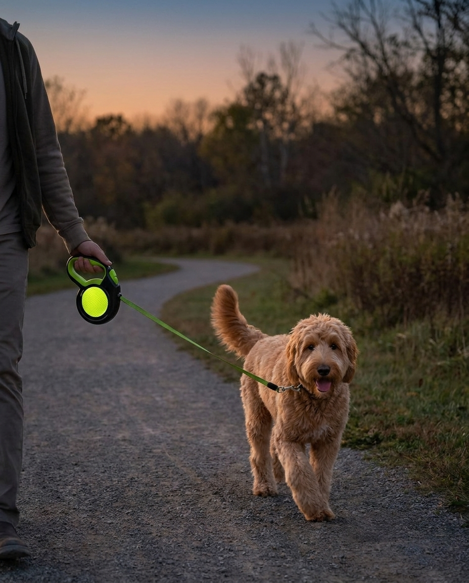 Person walking a dog at dusk with the ReflectSafe reflective retractable leash