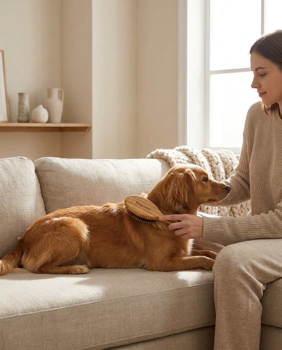 Woman brushing her dog on a sofa with the bamboo grooming brush
