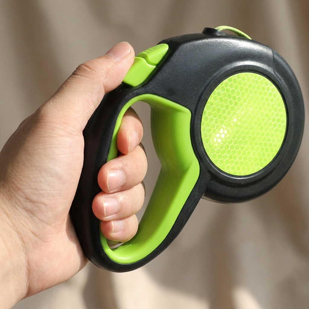 Close-up of the non-slip ergonomic grip and reflective disc on the ReflectSafe leash handle