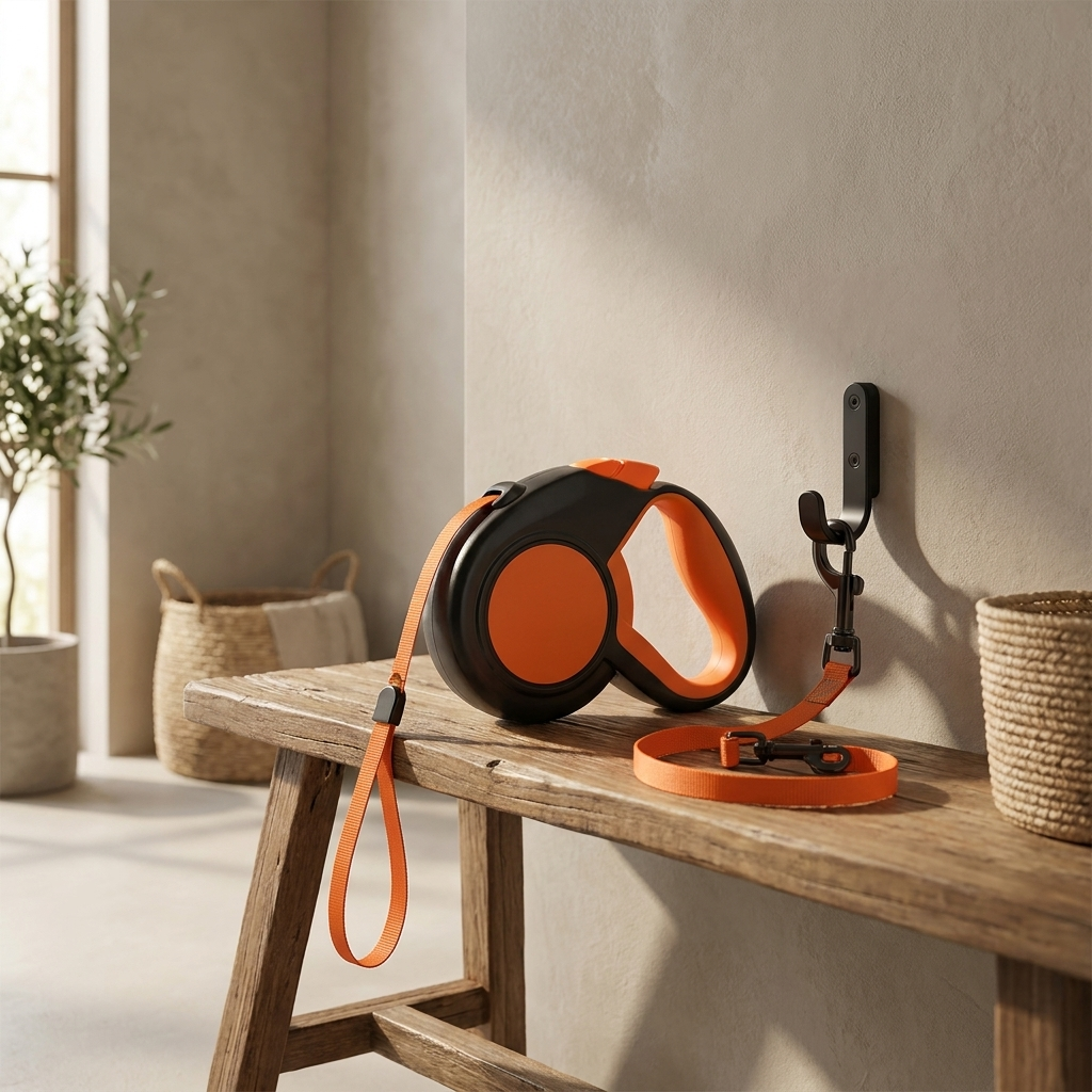 Orange ReflectSafe retractable dog leash on an entryway bench
