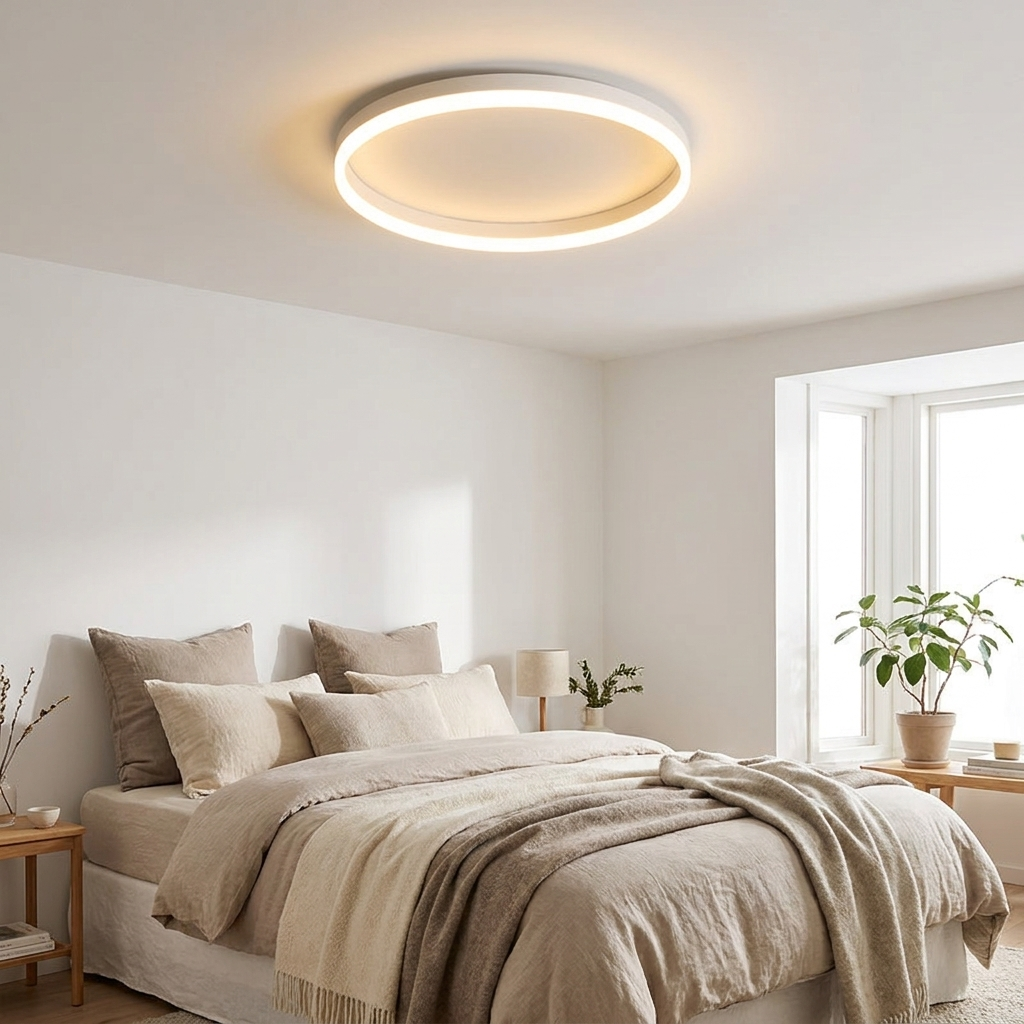Ring LED ceiling light glowing warm in a modern minimalist bedroom