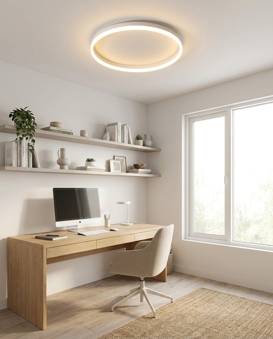 Ring LED ceiling light installed in a bright modern home study