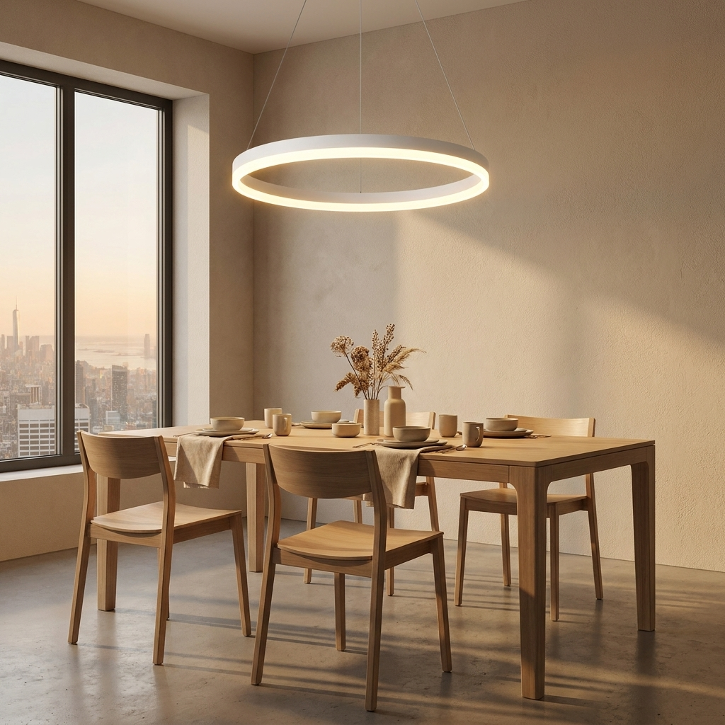 Ring LED ceiling light glowing above a minimalist dining area