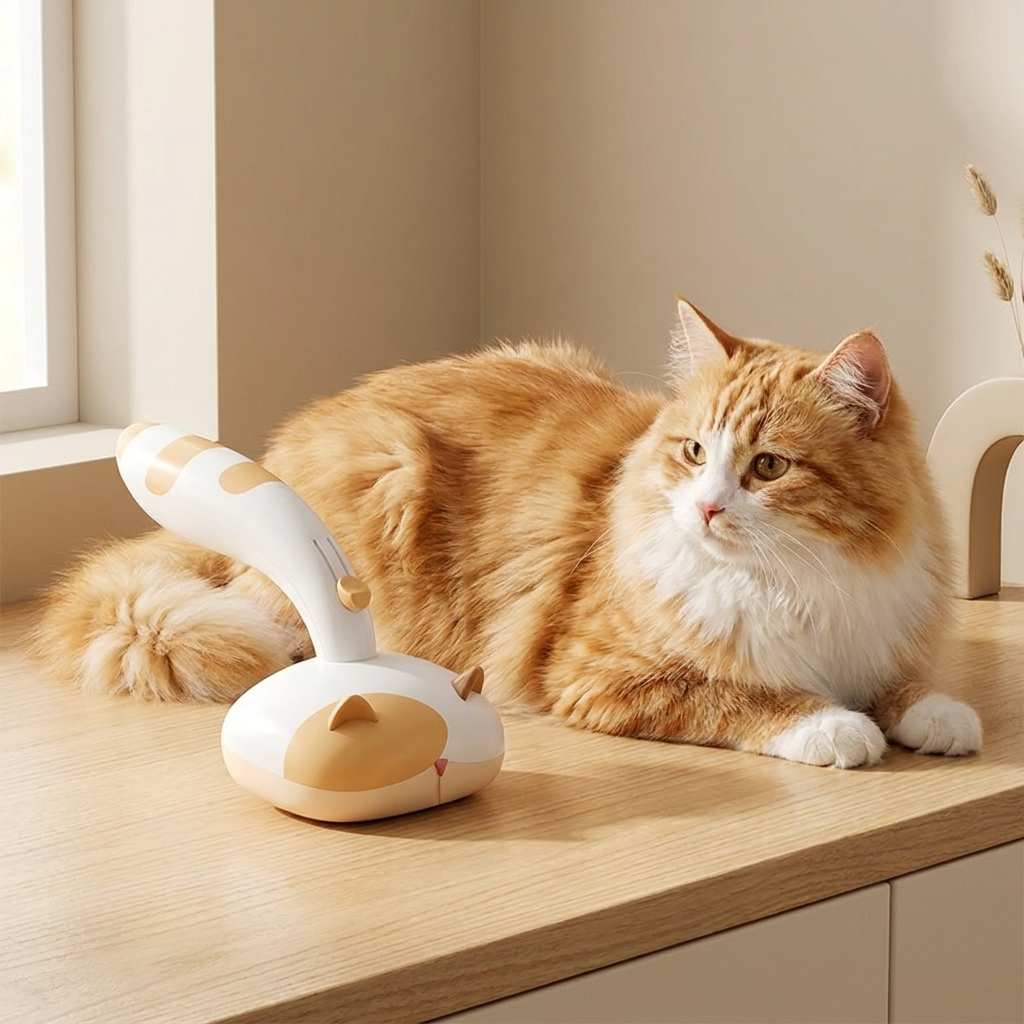 Self-cleaning cat comb on a wood surface beside a fluffy cat