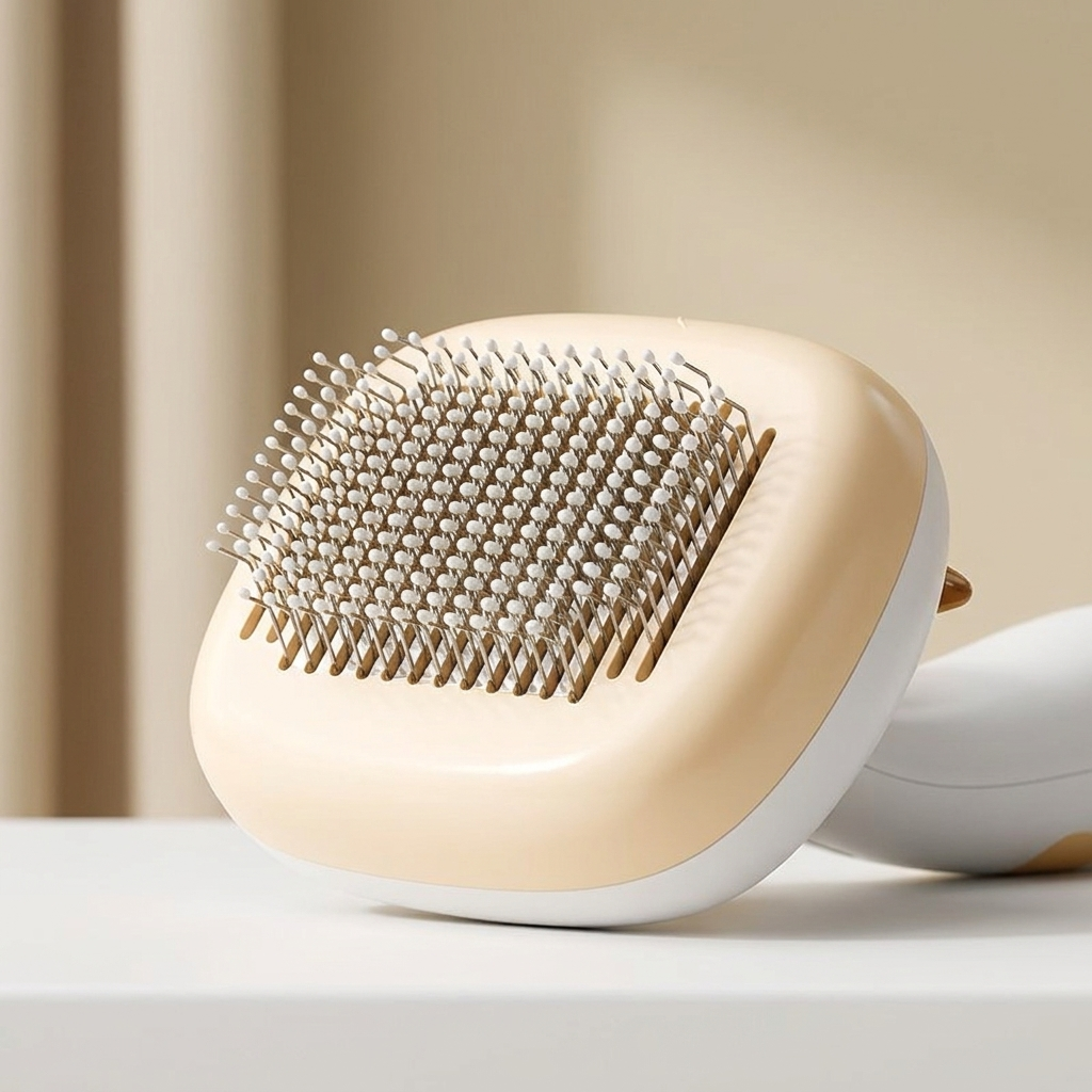 Close-up of the fine stainless steel needle head of the cat comb