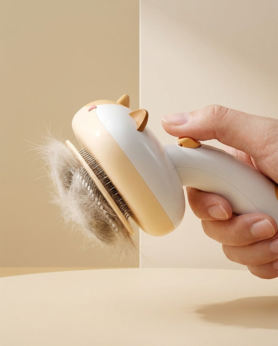 Hand pressing the one-touch self-cleaning button on the cat comb