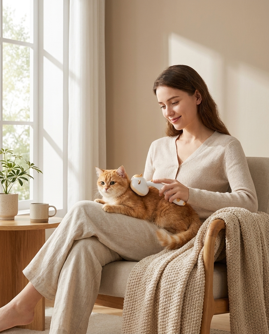 Woman grooming her cat with the self-cleaning slicker comb