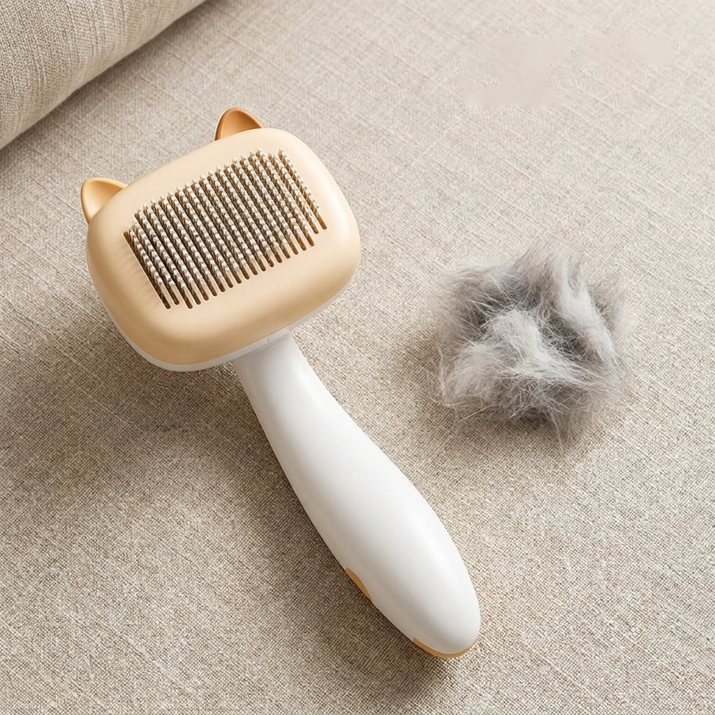 Flat lay of the self-cleaning cat comb with removed fur on linen