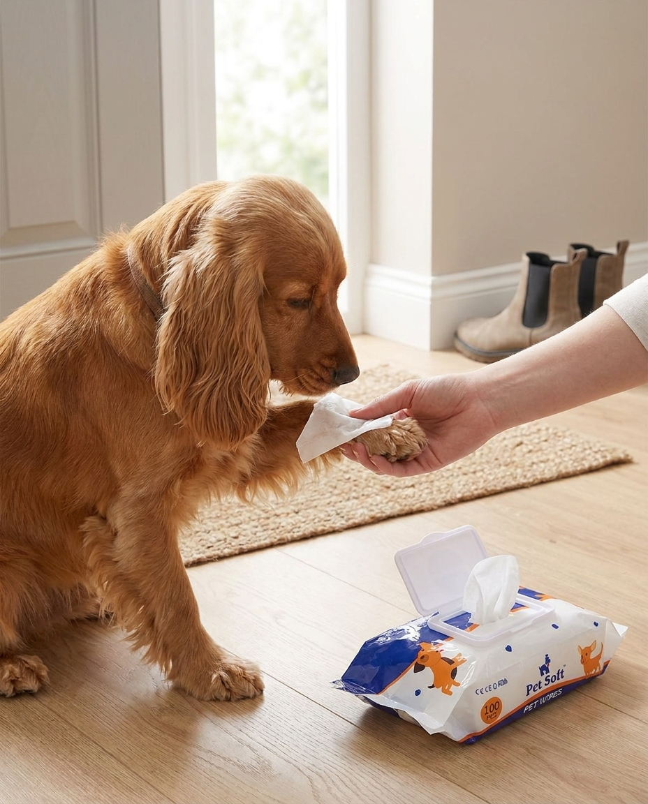 Using a pet wipe to clean a dog's paw by the front door