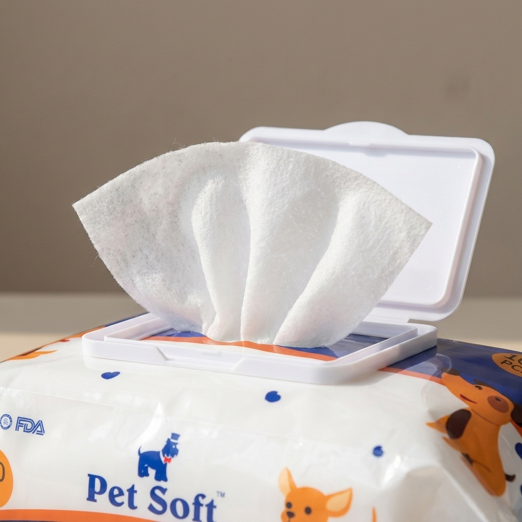 Close-up of a soft non-woven pet grooming wipe pulled from the pack