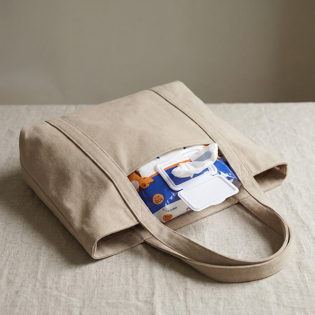 Travel-friendly pet wipes pack tucked into a tote bag