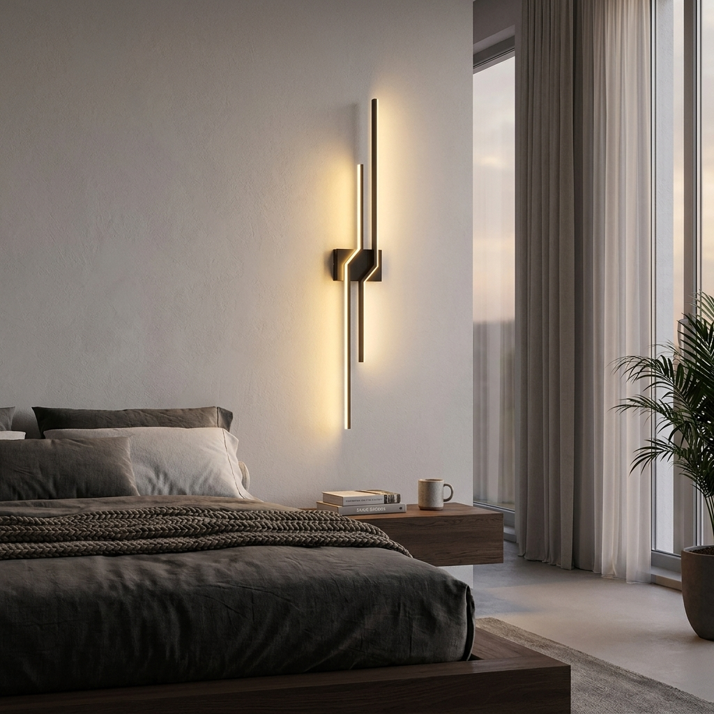 Linear LED wall light glowing beside a modern bed