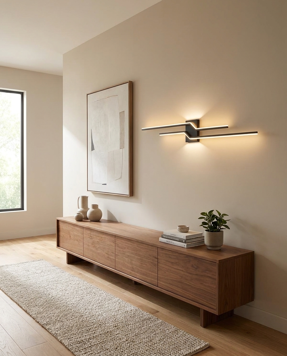 Linear LED wall light in a modern living room hallway