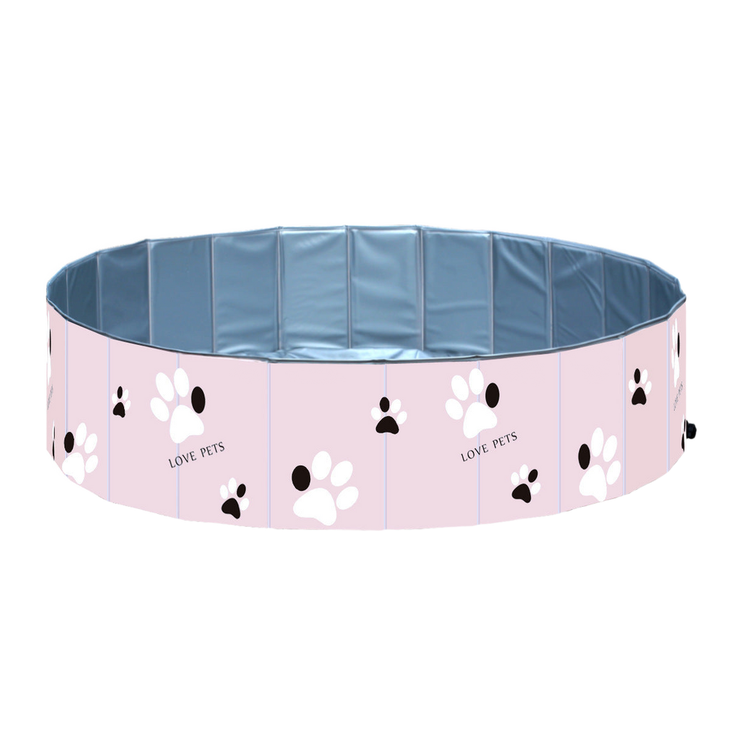 Pink foldable paw-print dog bathing pool on white background