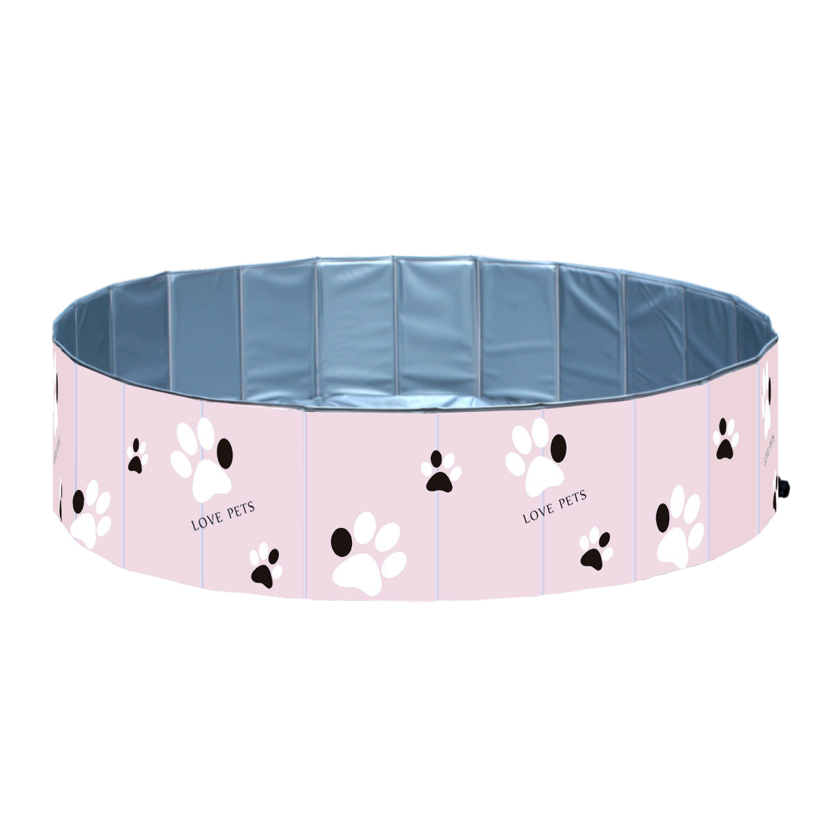 Pink foldable paw-print dog bathing pool on white background