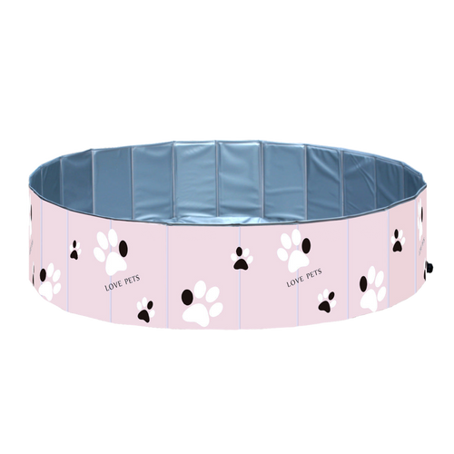 Pink foldable paw-print dog bathing pool on white background