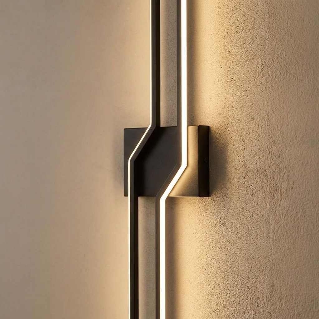 Close-up detail of the slim linear LED wall light glowing bars