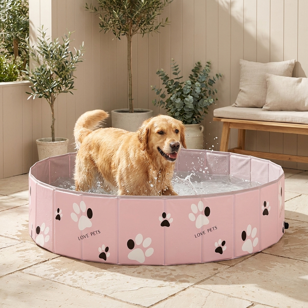 Golden retriever splashing in a pink foldable dog pool on a patio