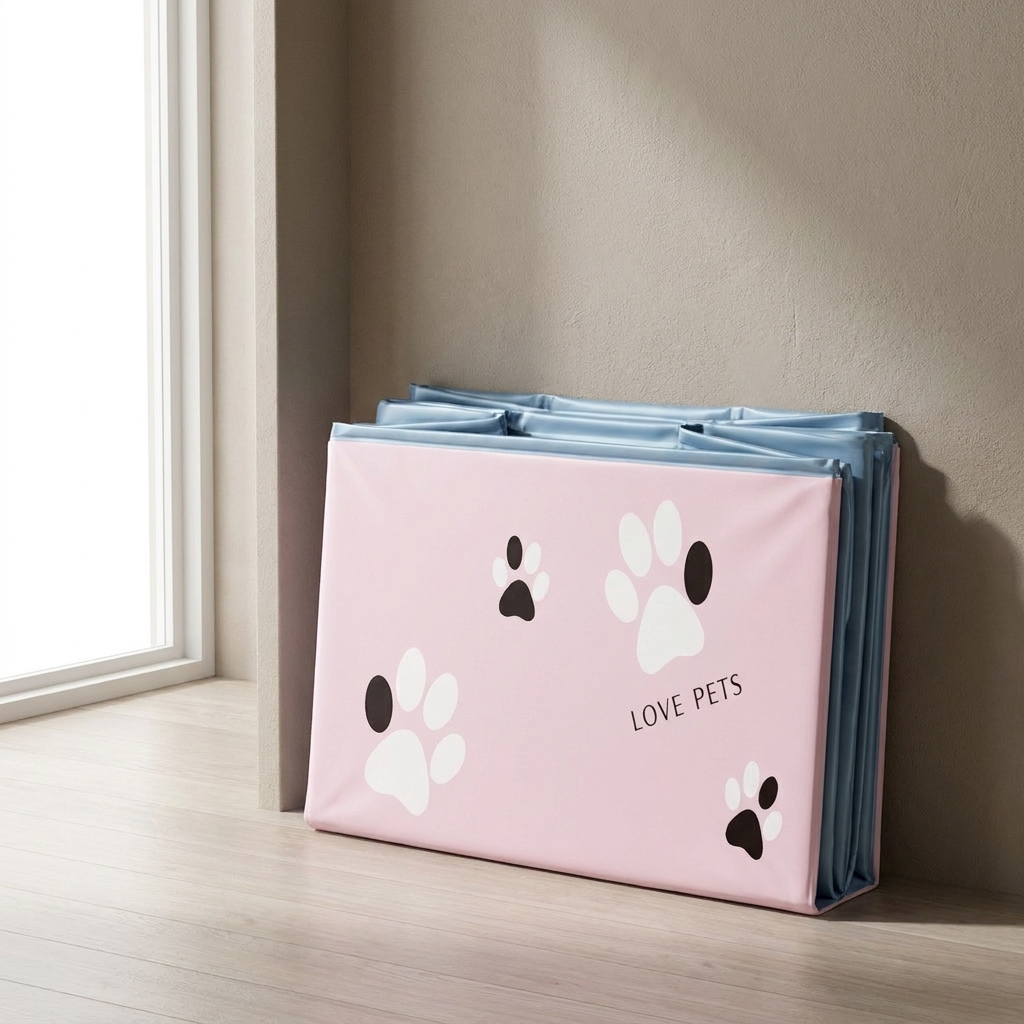 Pink foldable dog pool folded flat and compact for storage