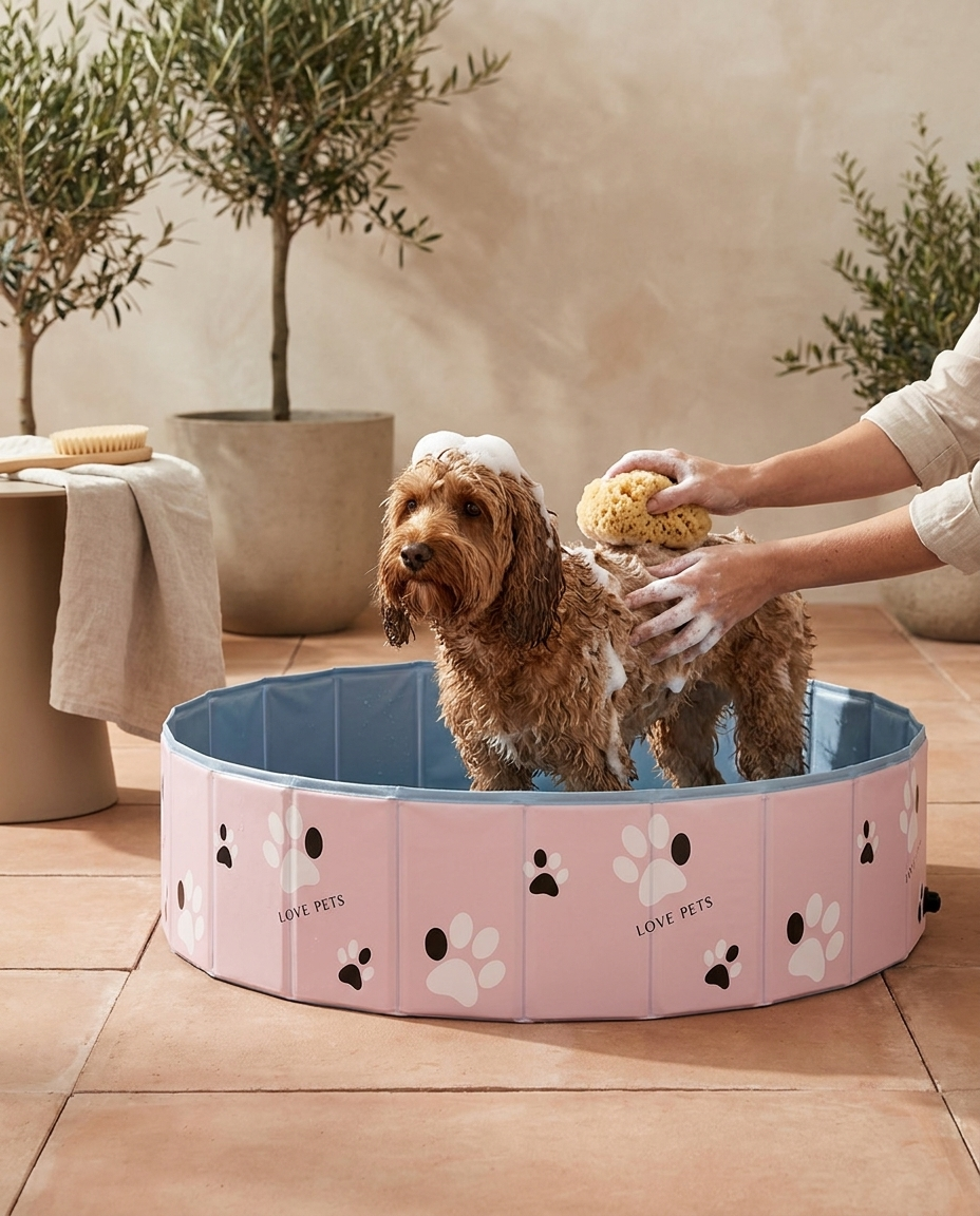 Owner bathing a small dog in a pink foldable PVC pool