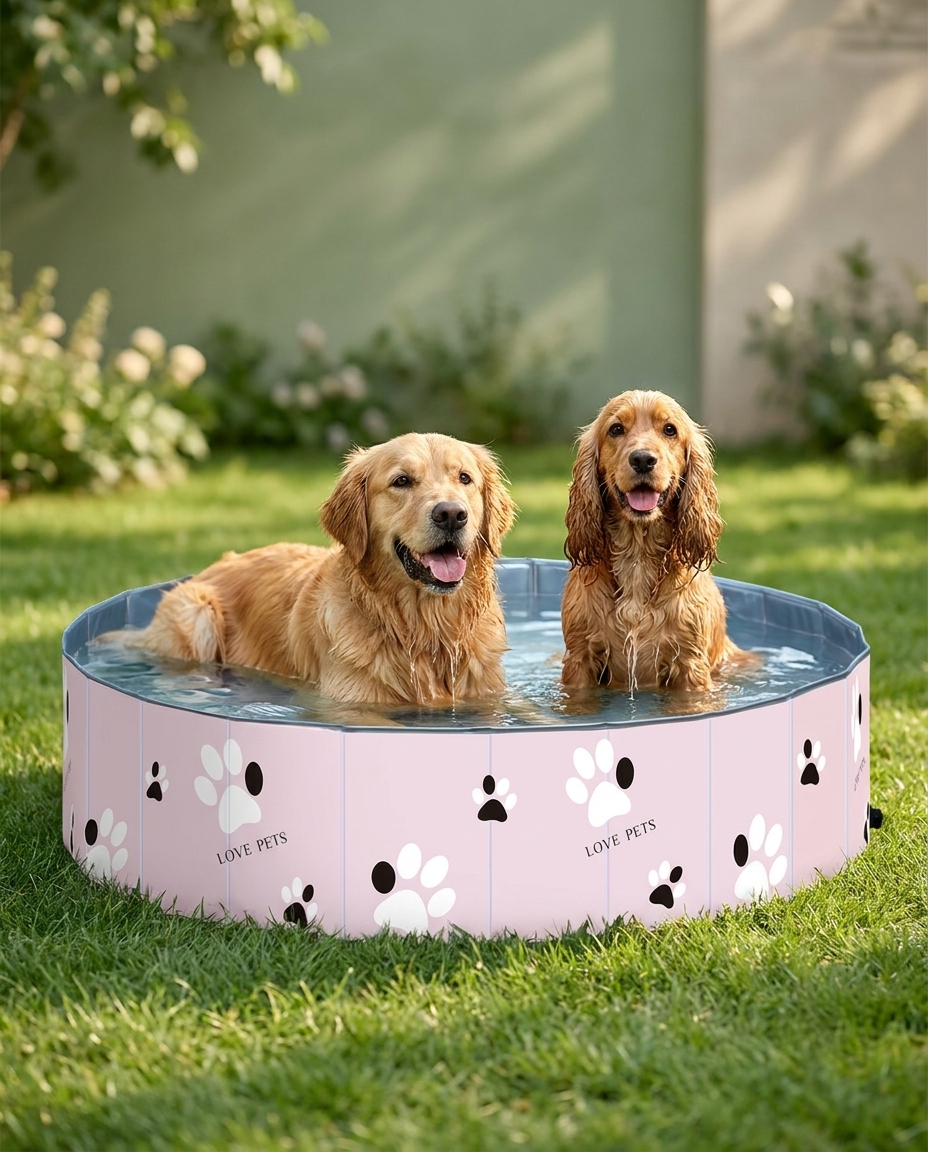 Two dogs cooling off in a pink foldable dog pool in a garden