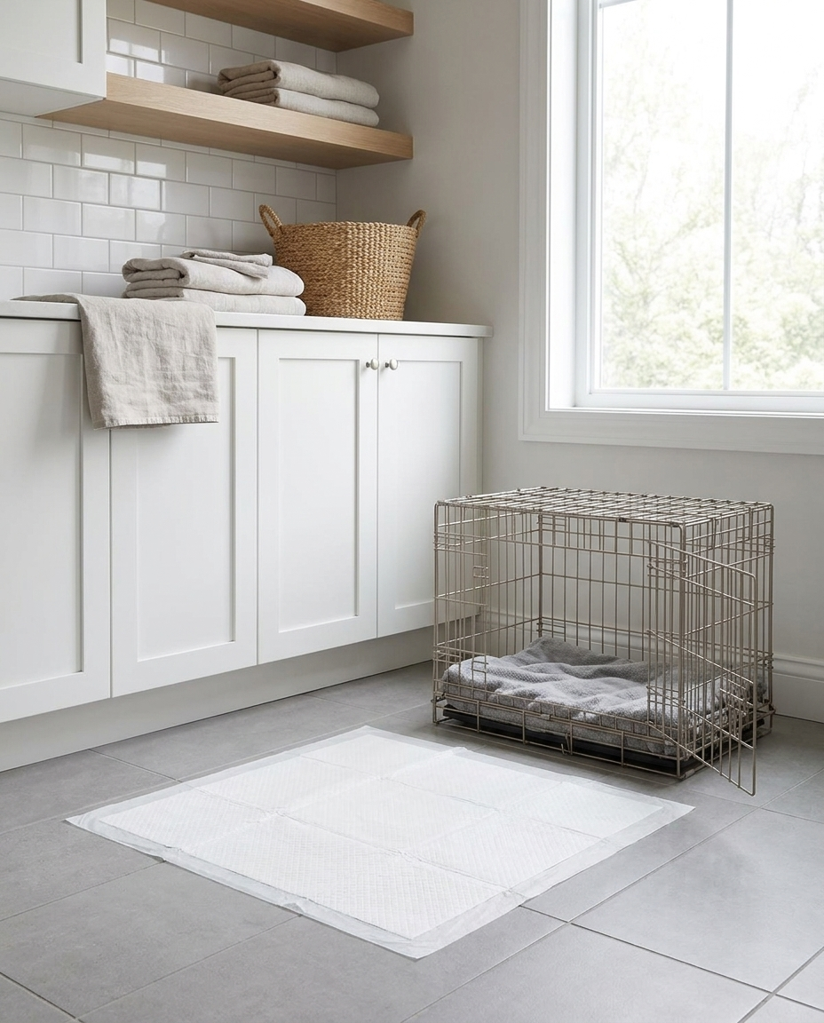 Pet training pad placed in a laundry room next to a dog crate
