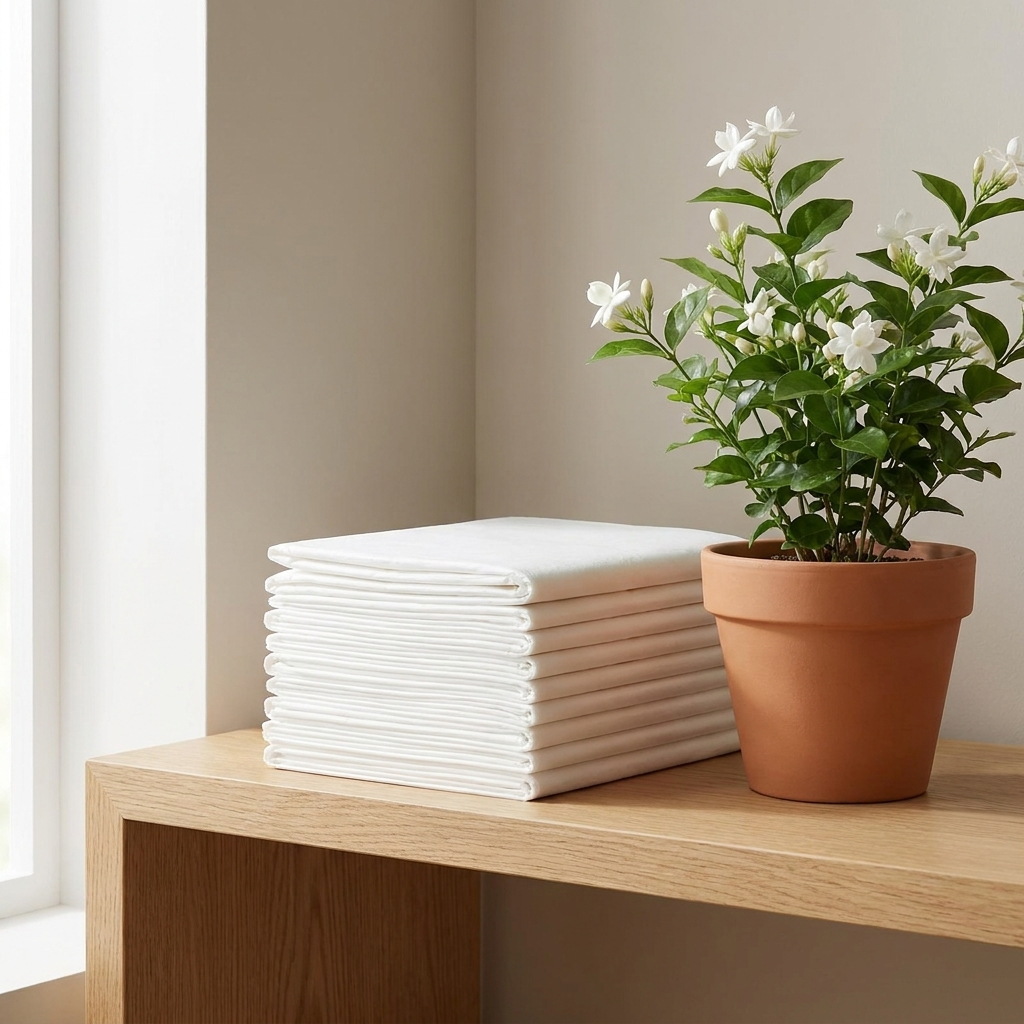 Folded pet absorbent pads on a shelf beside a jasmine plant
