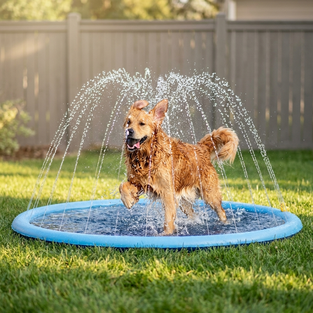 Golden retriever playing on a blue splash pad spraying water in a backyard