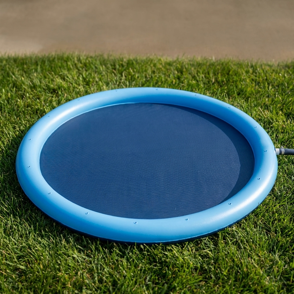 Blue dog splash pad lying flat on a lawn showing the durable PVC ring