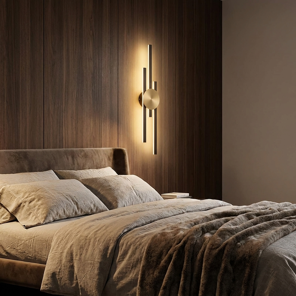Black and gold wall sconce glowing in a luxury modern bedroom