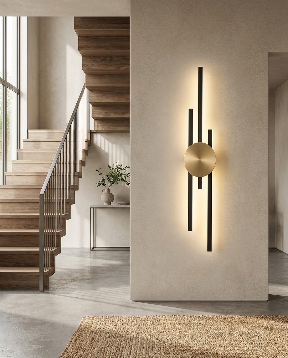 Wall sconce mounted in a modern entryway beside a staircase